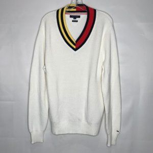 Tommy Hilfiger Men’s Sweater sz Lg. Cotton Cream Knit V-Neck Classic Logo Preppy